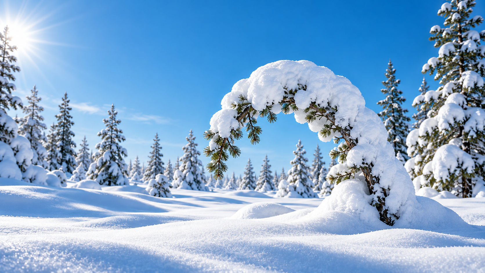 A snow-covered pine bending under load without breaking